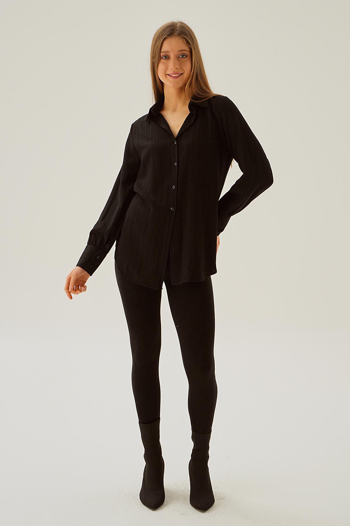 6676-1 Kol Düğme Detay Gömlek Siyah - 1