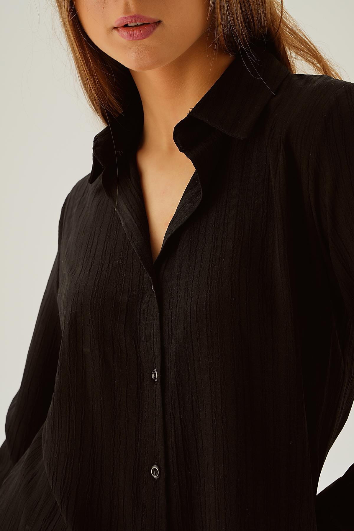 6676-1 Kol Düğme Detay Gömlek Siyah - 5