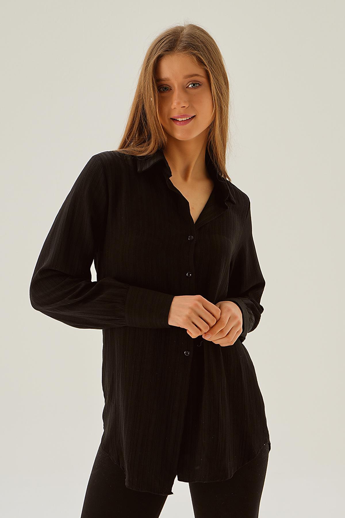 6676-1 Kol Düğme Detay Gömlek Siyah - 2