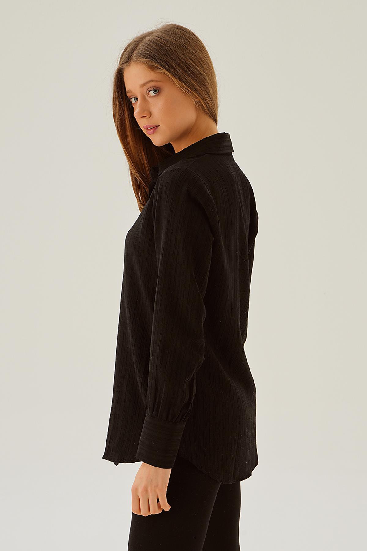 Siyah Kol Düğme Detay Gömlek 6676-1 - 3