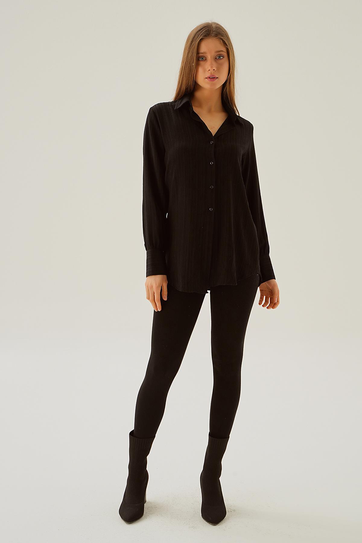 Siyah Kol Düğme Detay Gömlek 6676-1 - 6