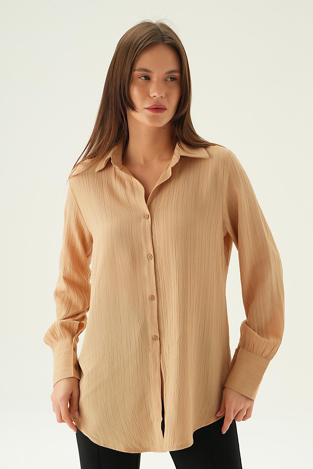 6676-1 Kol Düğme Detay Gömlek Vizon - 1