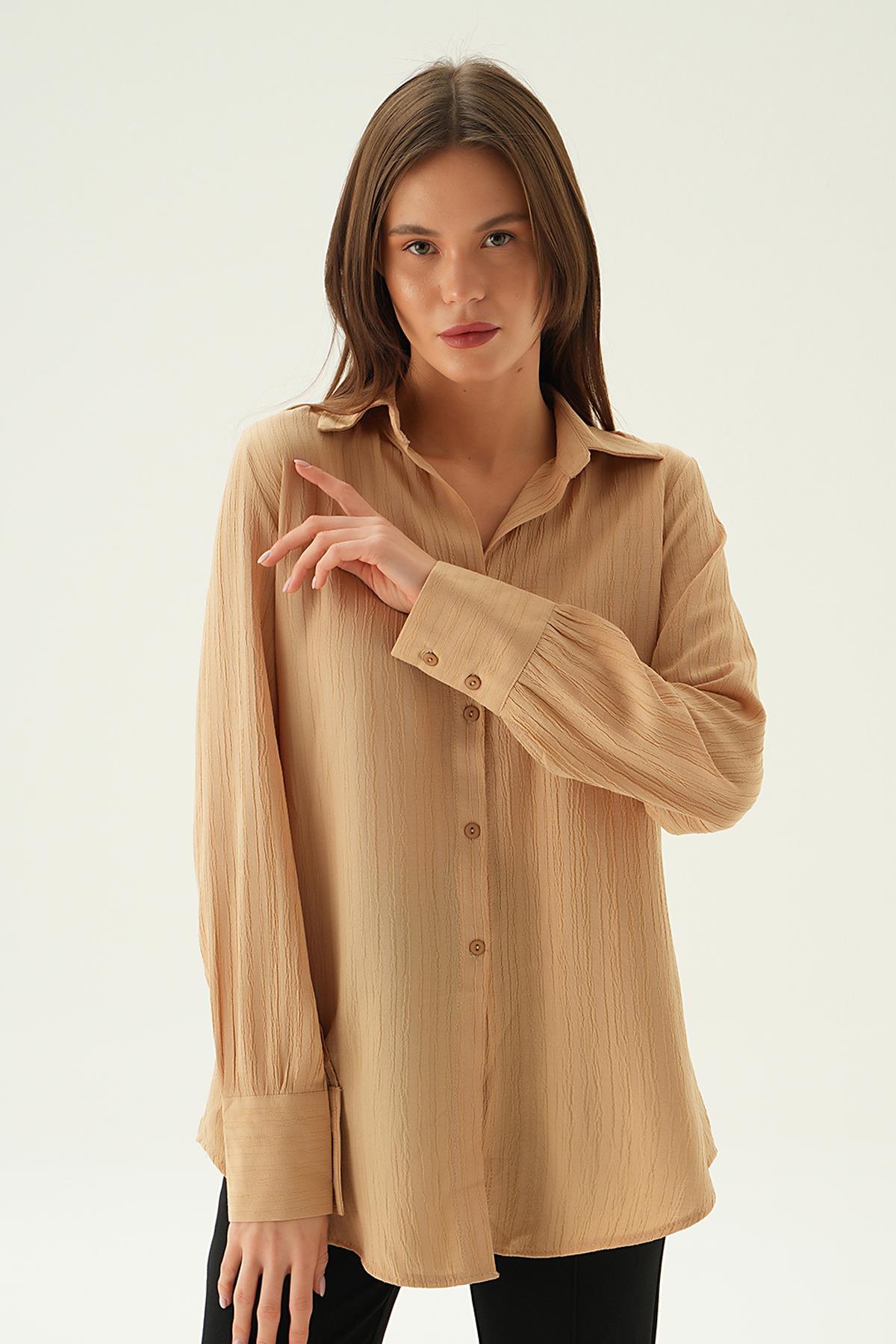 6676-1 Kol Düğme Detay Gömlek Vizon - 4