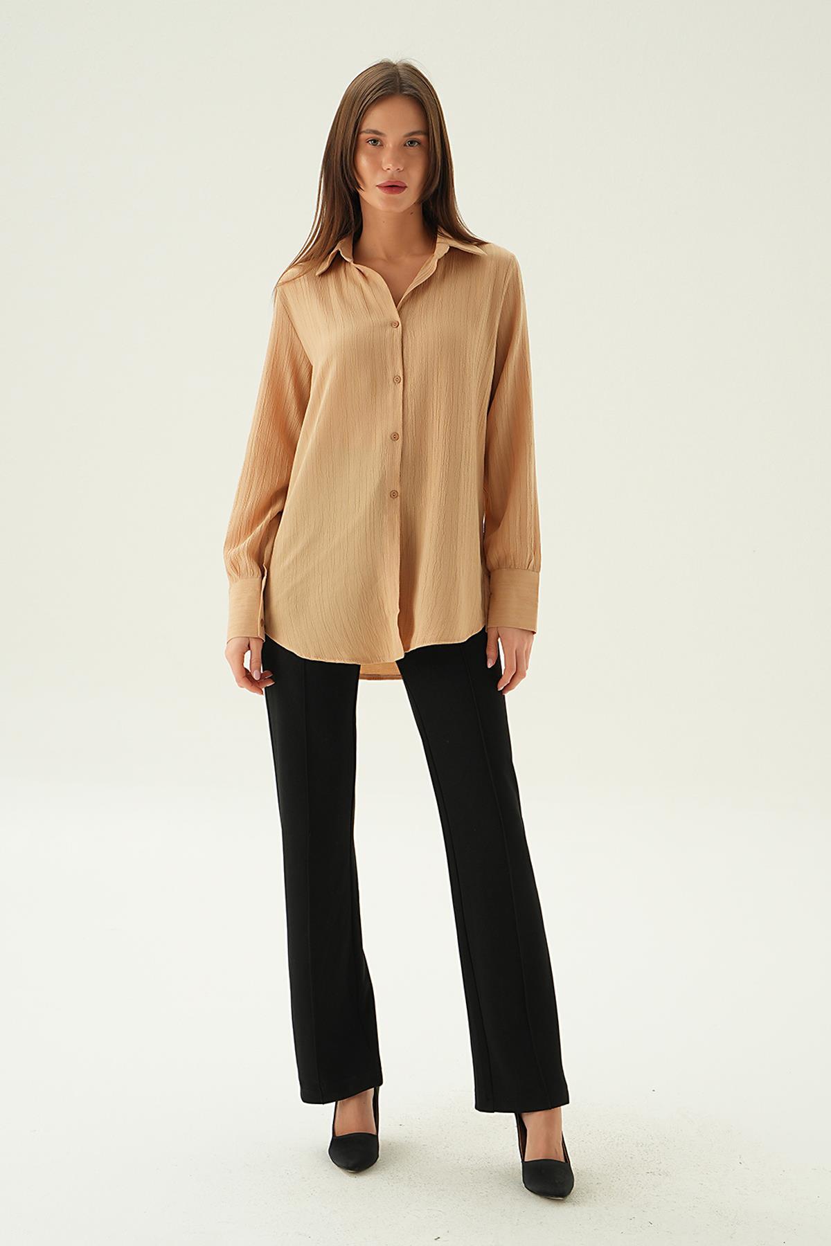 6676-1 Kol Düğme Detay Gömlek Vizon - 6