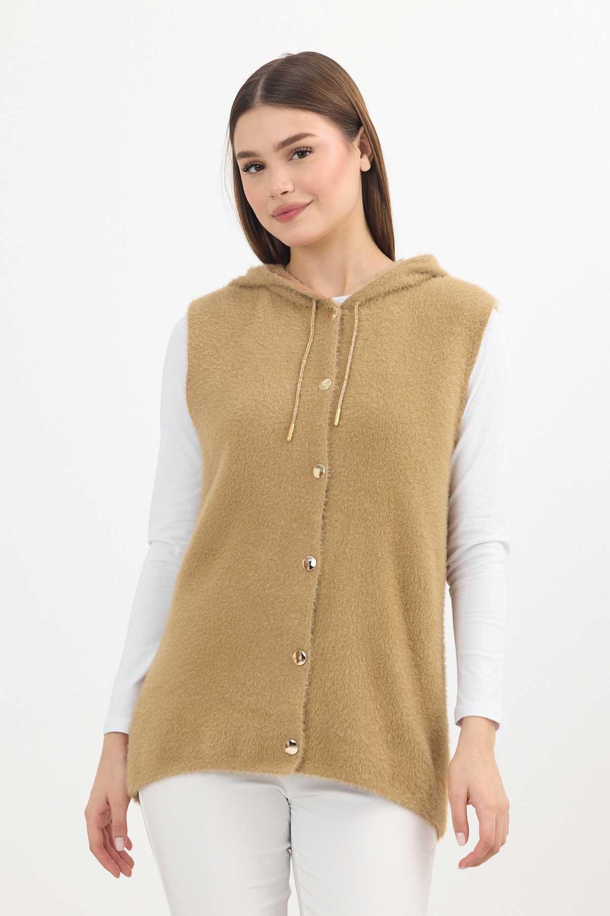 Kapüşonlu Yumoş Yelek 6681 Camel - 1