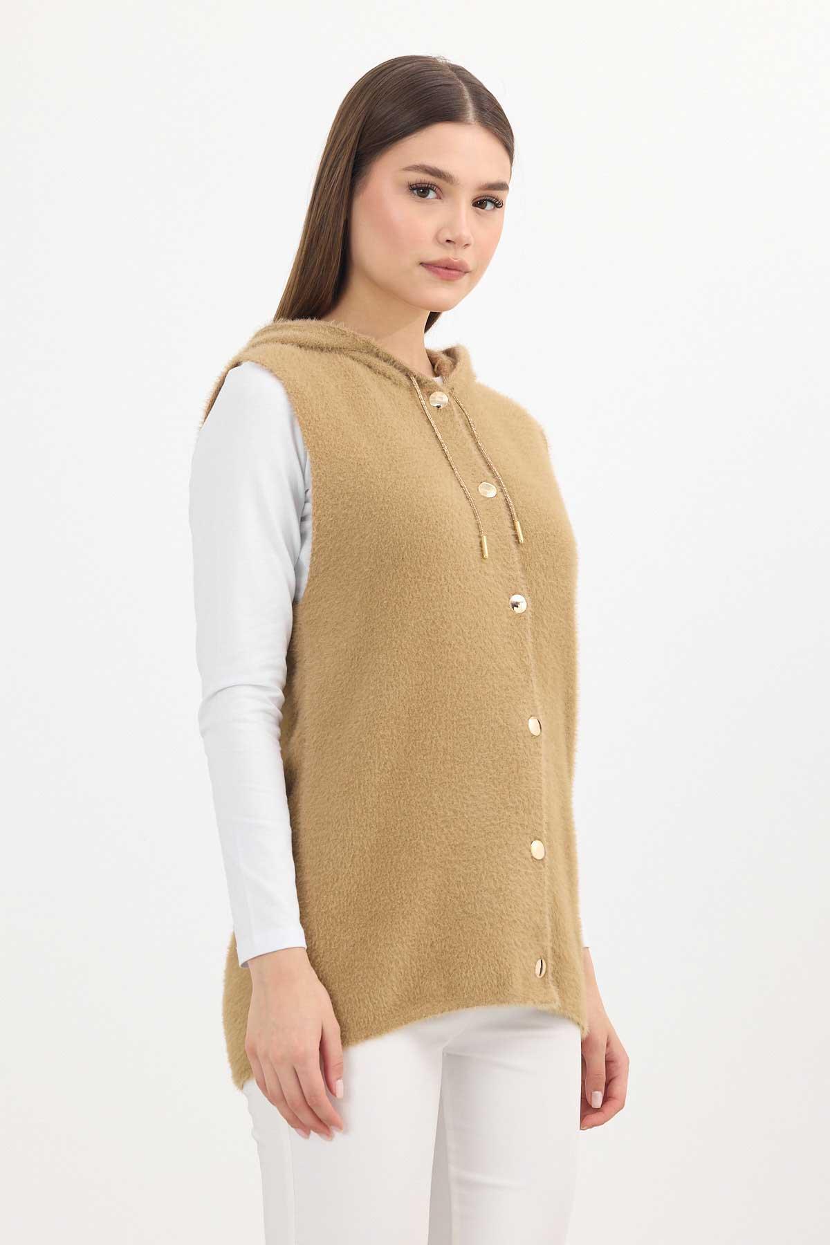 6681 Kapüşonlu Yumoş Yelek Camel - 6