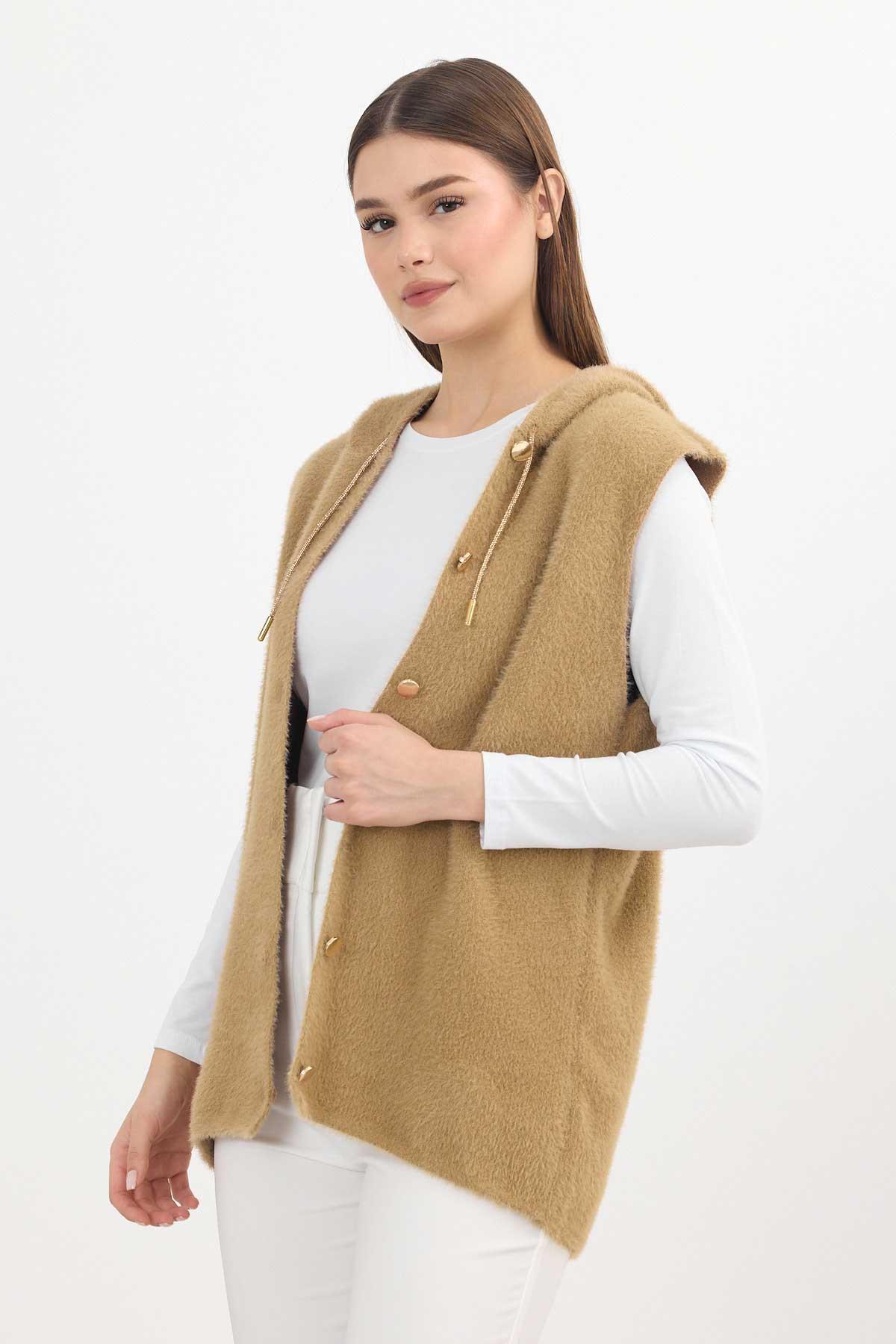 6681 Kapüşonlu Yumoş Yelek Camel - 7