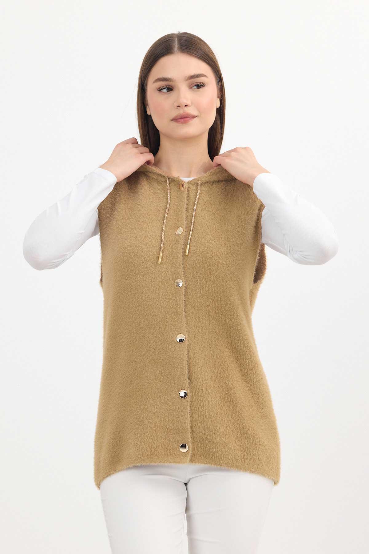 6681 Kapüşonlu Yumoş Yelek Camel - 8