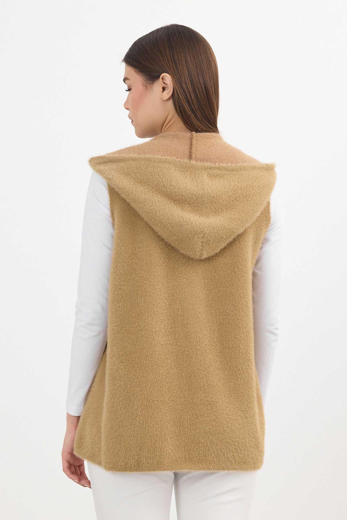 6681 Kapüşonlu Yumoş Yelek Camel - 5