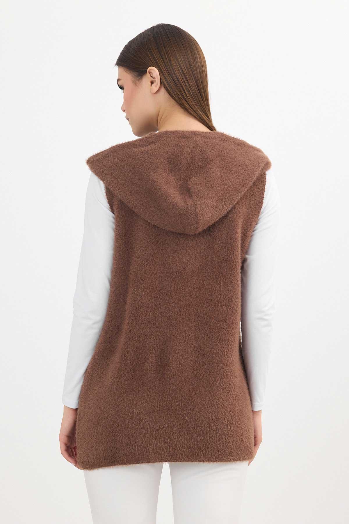 6681 Kapüşonlu Yumoş Yelek Kahve - 5