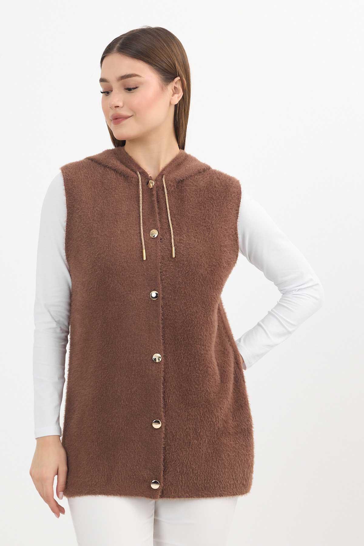 6681 Kapüşonlu Yumoş Yelek Kahve 