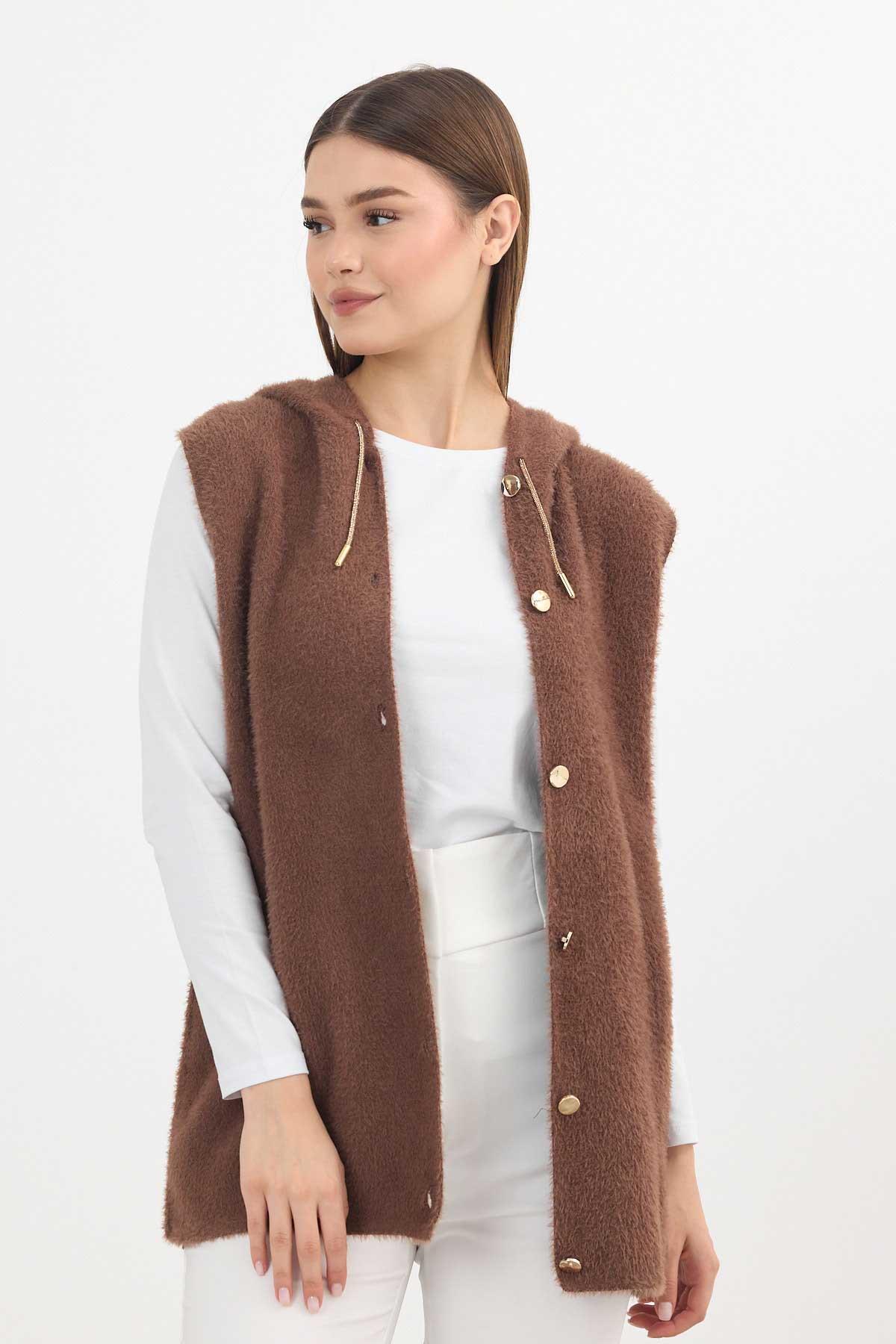 6681 Kapüşonlu Yumoş Yelek Kahve - 7