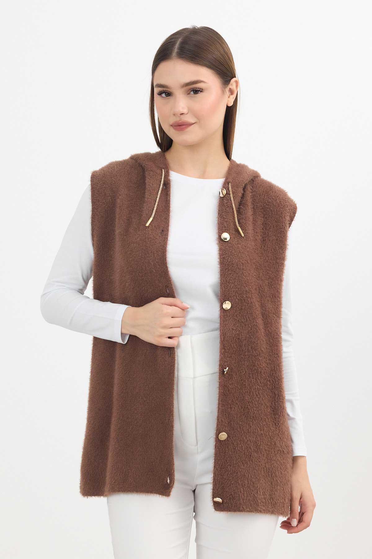 Kahve Kapüşonlu Yumoş Yelek 6681 - RAYS