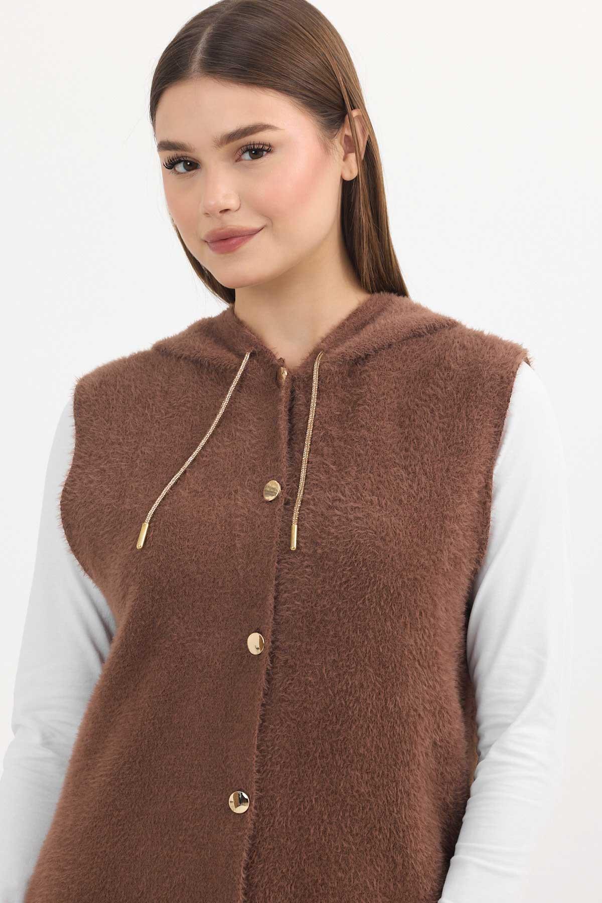 Kahve Kapüşonlu Yumoş Yelek 6681 - RAYS