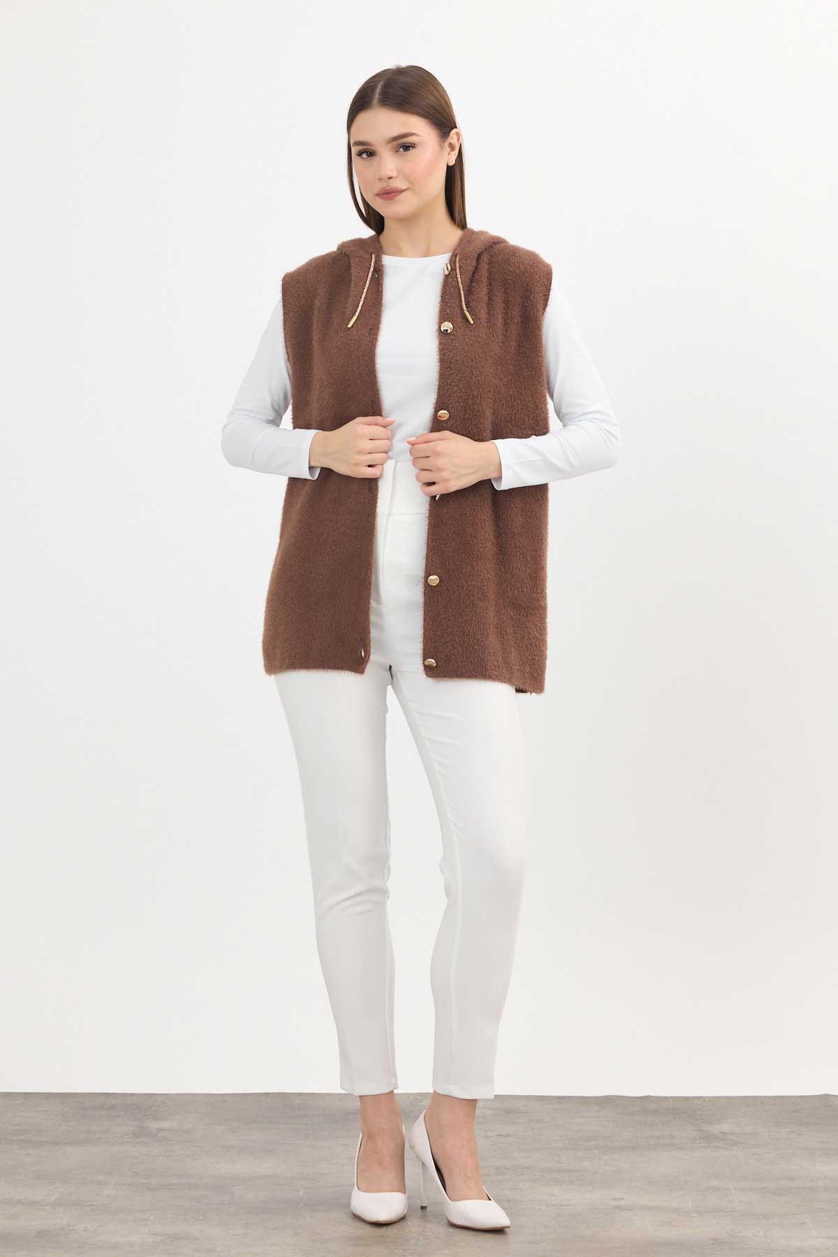 Kahve Kapüşonlu Yumoş Yelek 6681 - 2