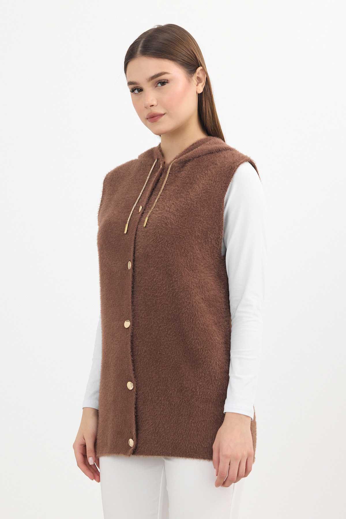 Kahve Kapüşonlu Yumoş Yelek 6681 - 6