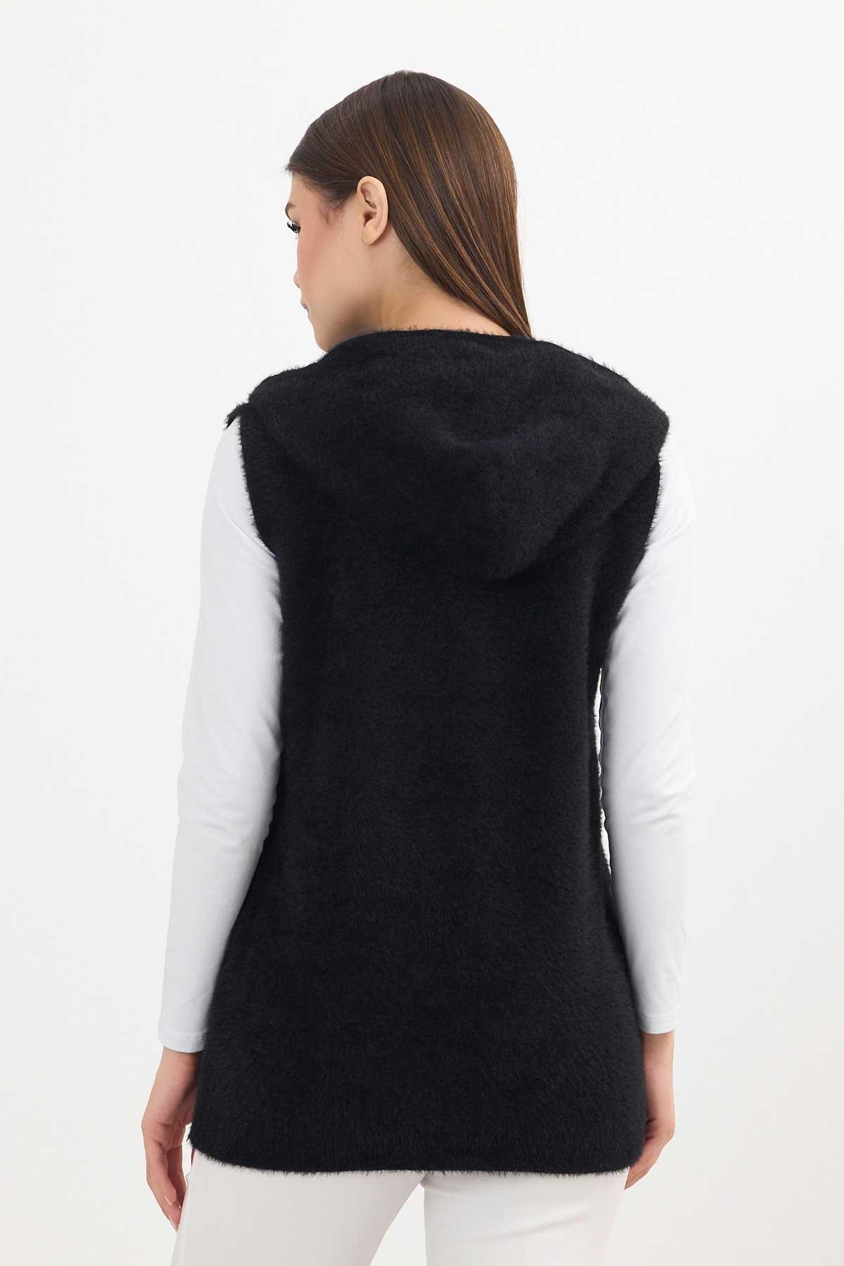 6681 Kapüşonlu Yumoş Yelek Siyah - 5