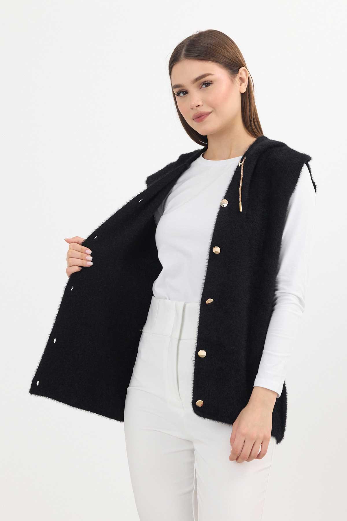 6681 Kapüşonlu Yumoş Yelek Siyah - 3