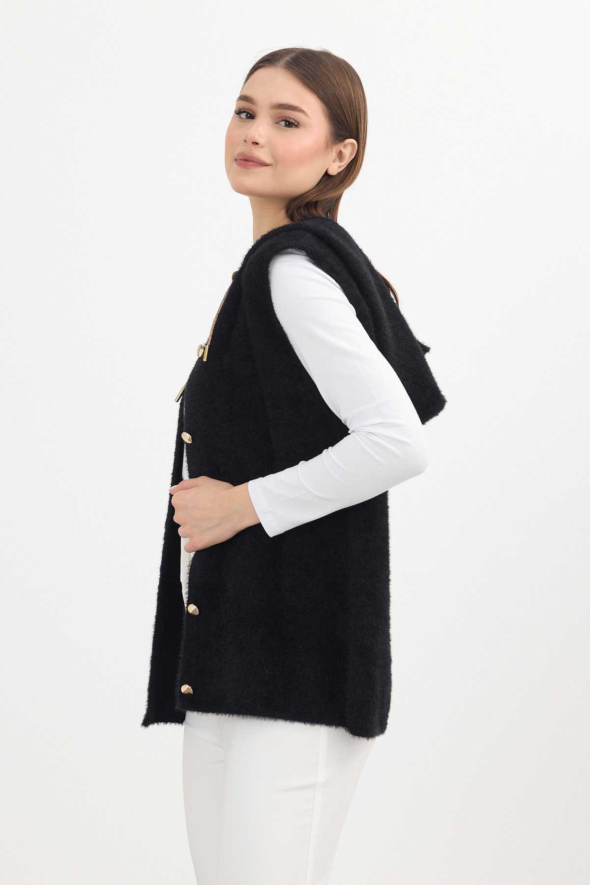 6681 Kapüşonlu Yumoş Yelek Siyah - 6