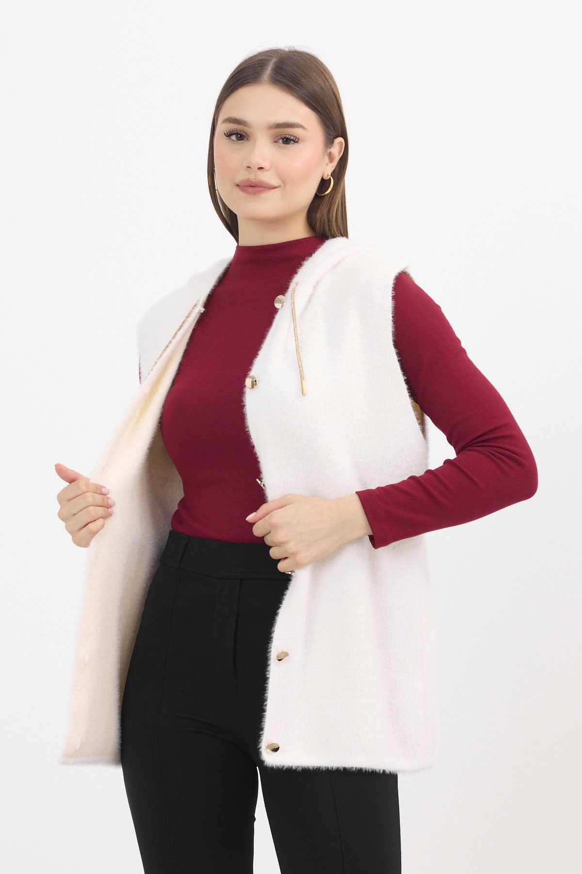 Kapüşonlu Yumoş Yelek 6681 Taş - 7