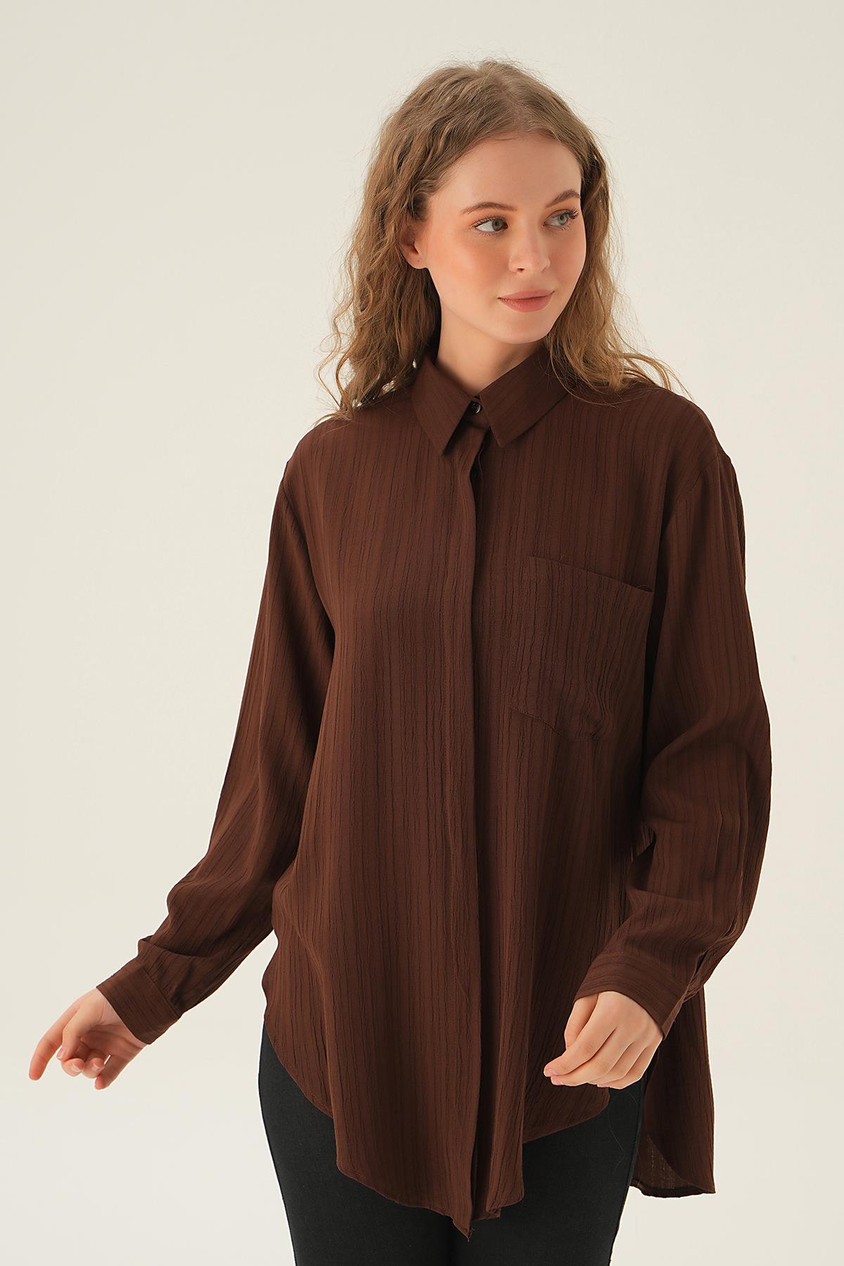 Kahve Tek Cep Gömlek 6684A - 3