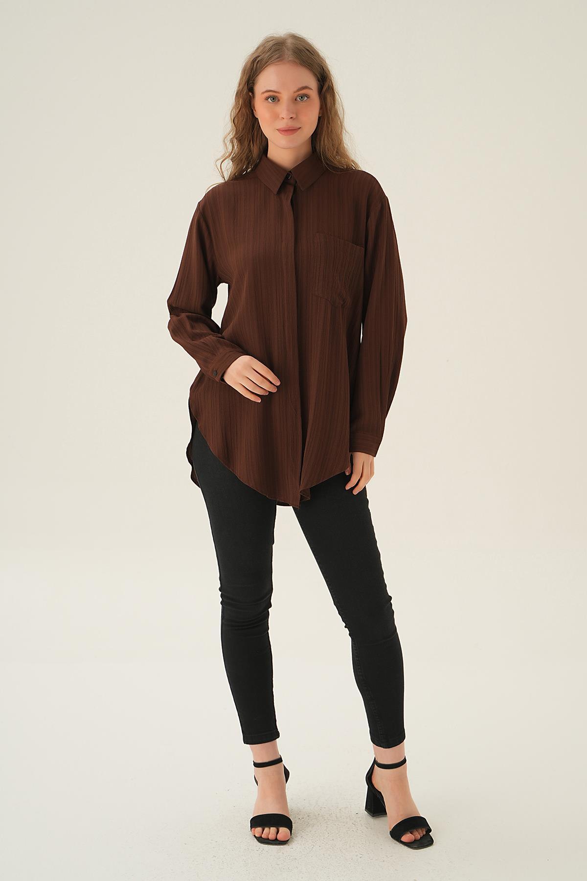 Kahve Tek Cep Gömlek 6684A - 4