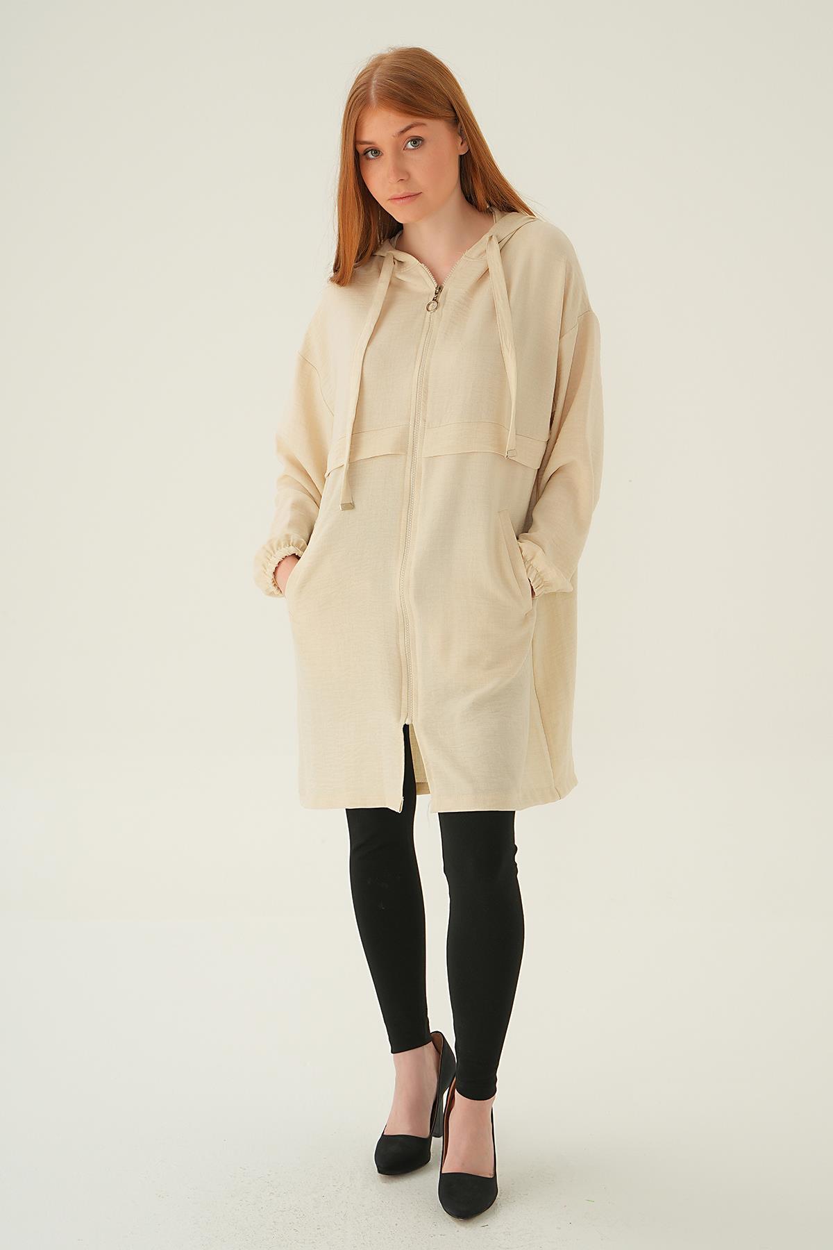 6686-1 Kapüşonlu Kısa Kap Bej - 2