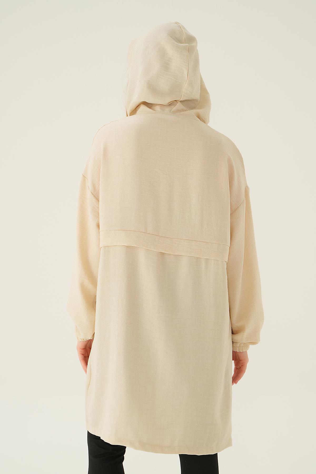 6686-1 Kapüşonlu Kısa Kap Bej - 5