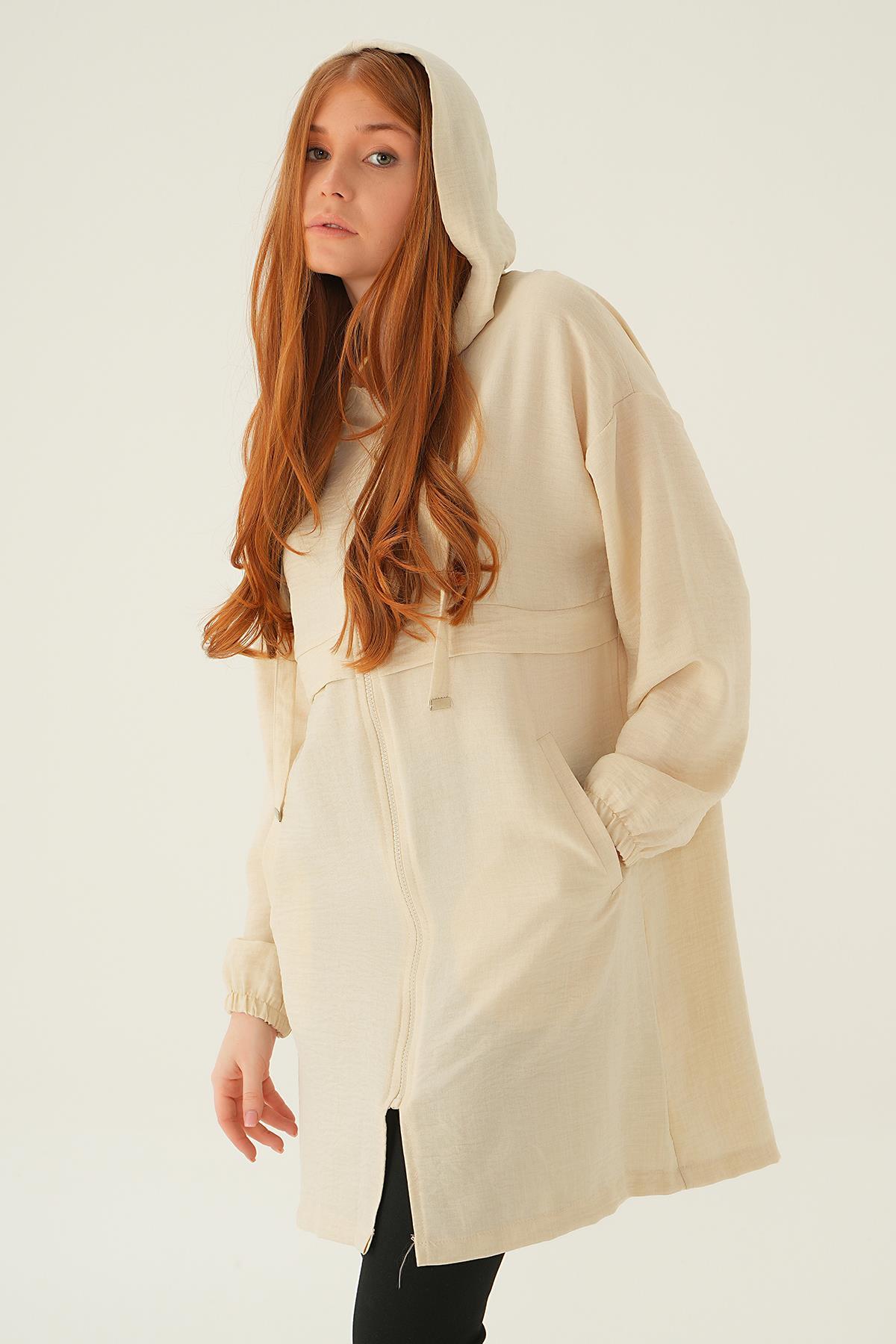 6686-1 Kapüşonlu Kısa Kap Bej - 3