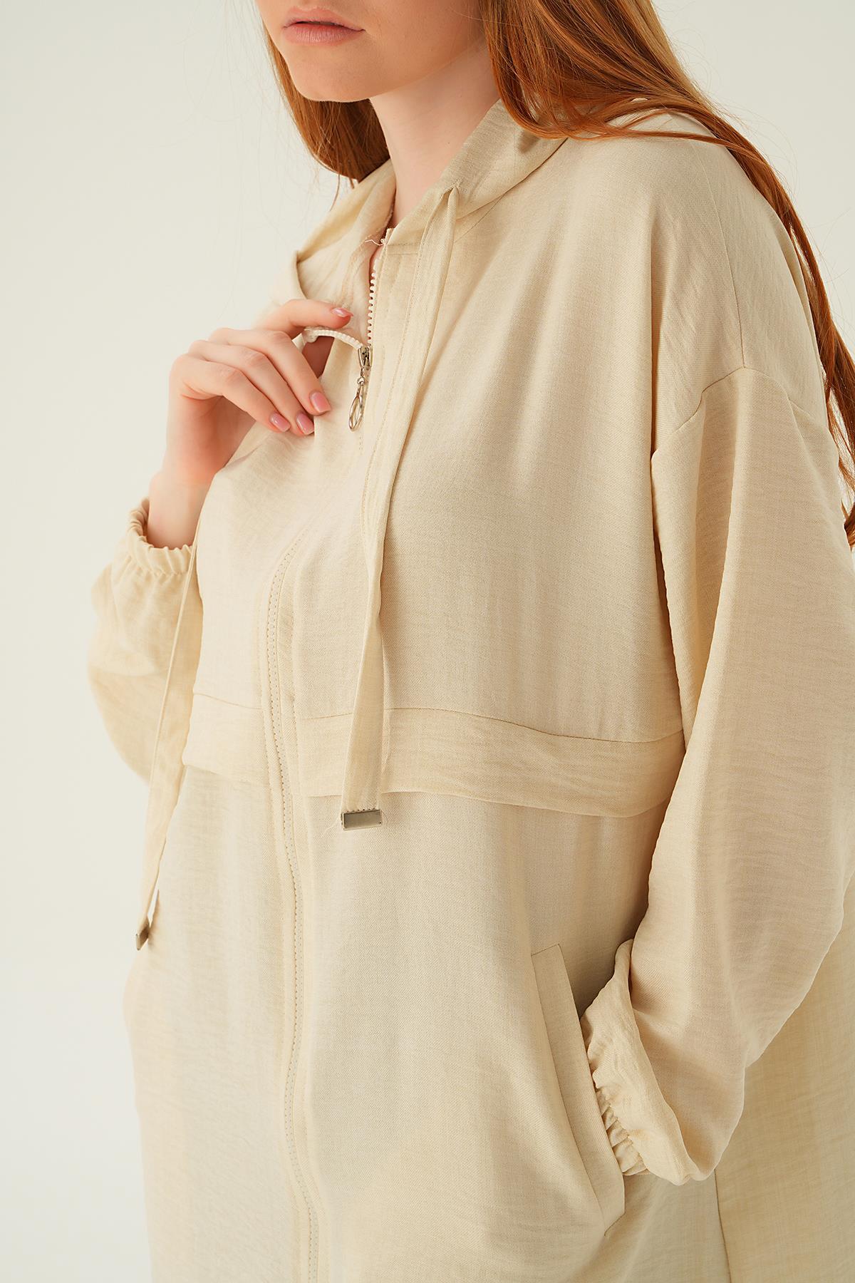 6686-1 Kapüşonlu Kısa Kap Bej - 6