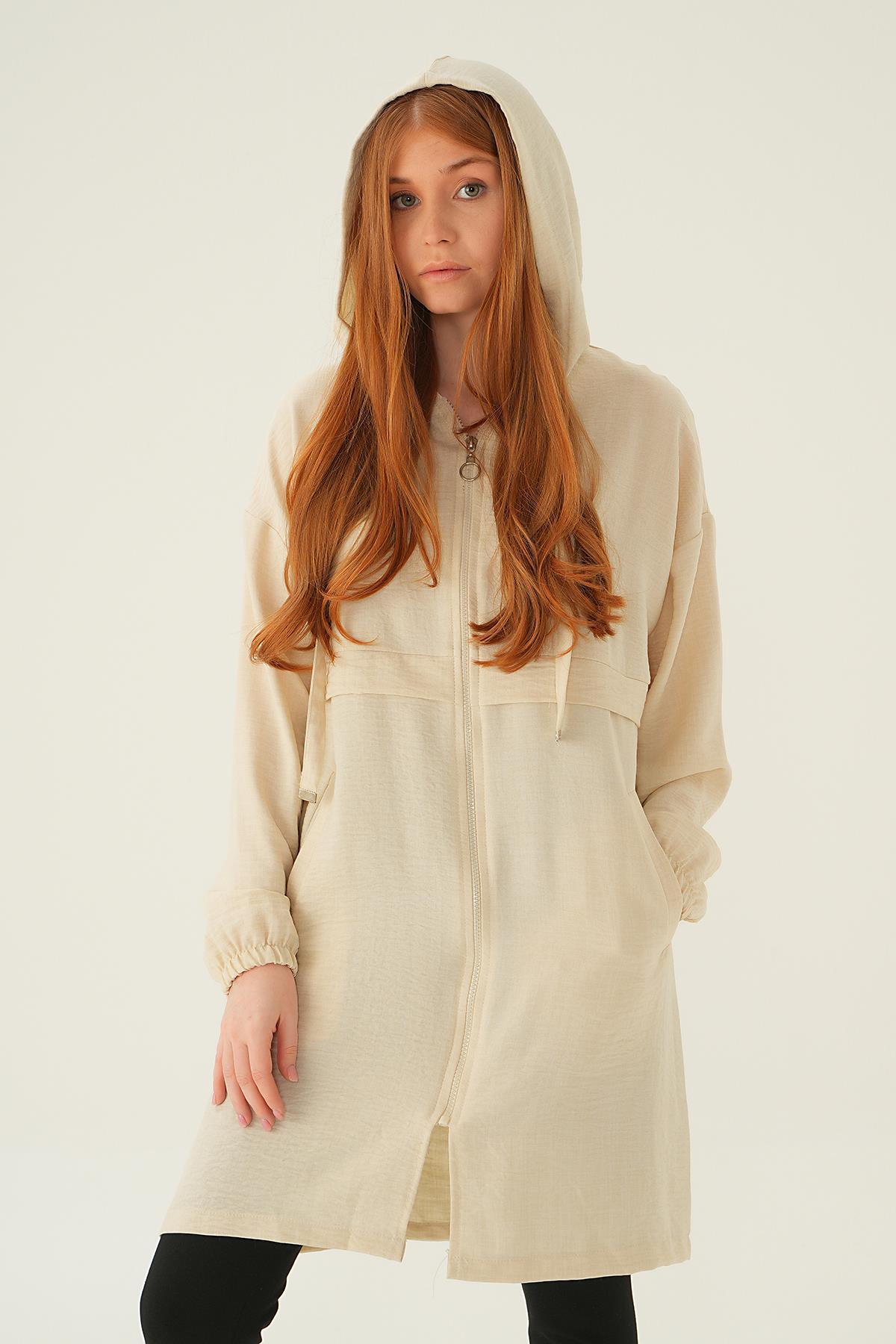 Bej Kapüşonlu Kısa Kap 6686-1 - 4