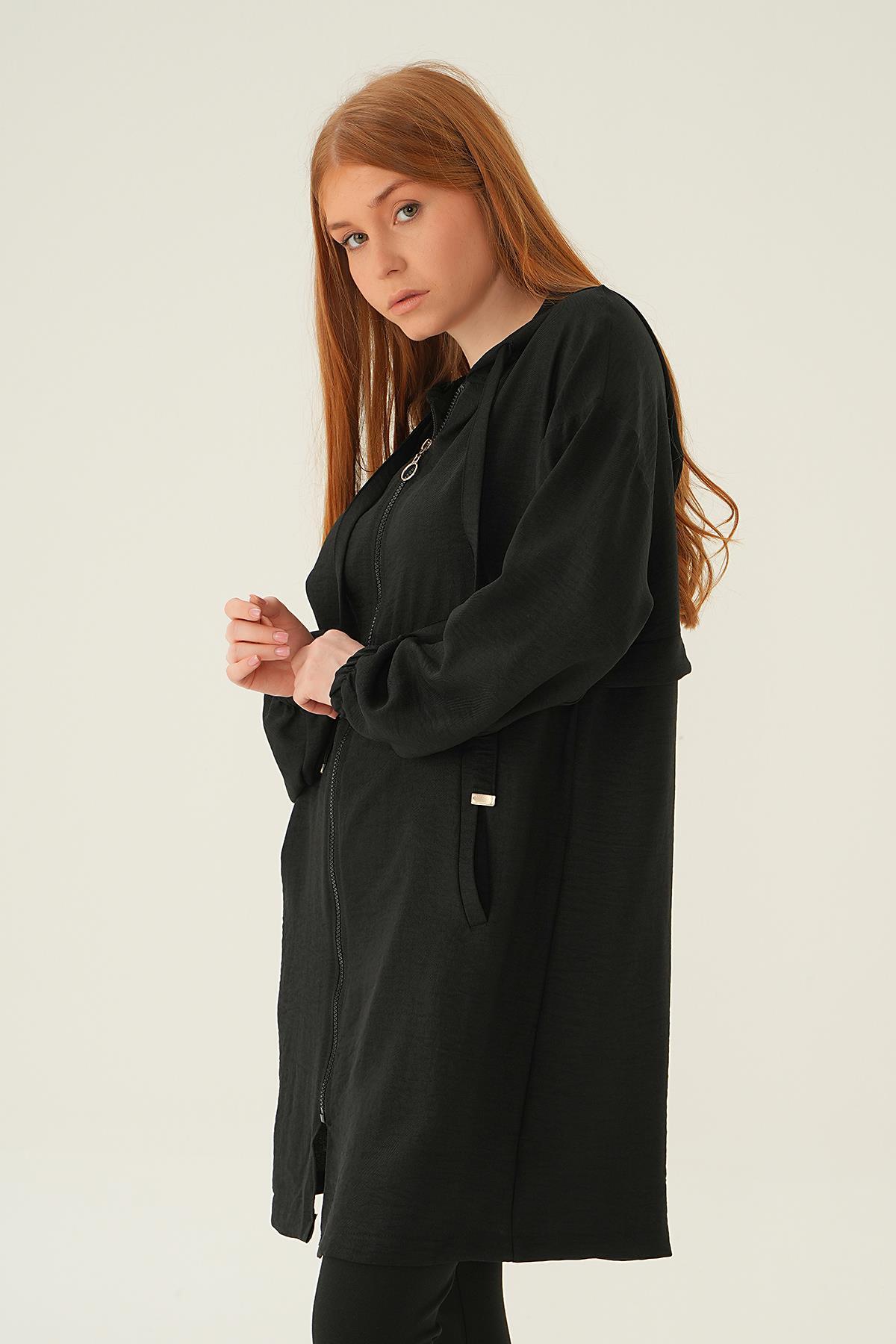 6686-1 Kapüşonlu Kısa Kap Siyah - 2