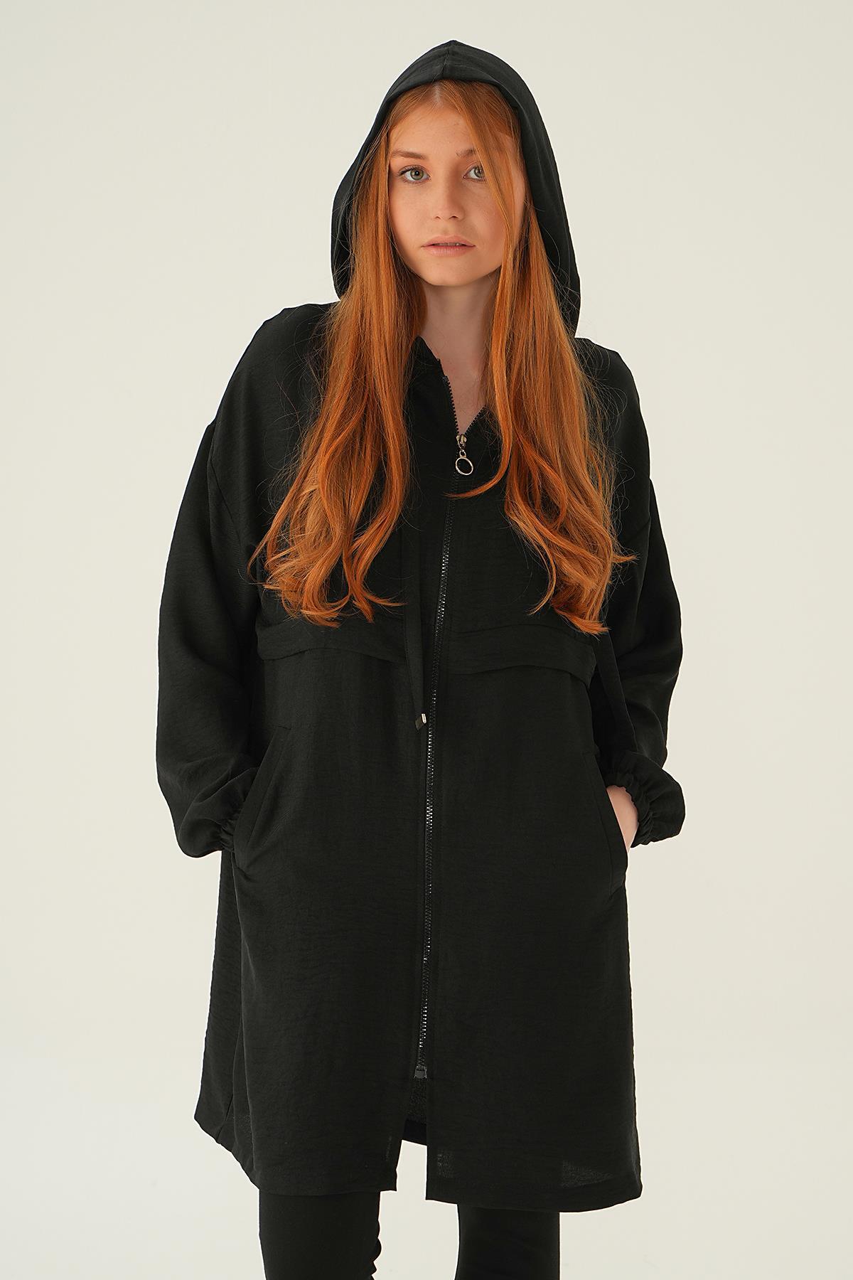 6686-1 Kapüşonlu Kısa Kap Siyah - 3