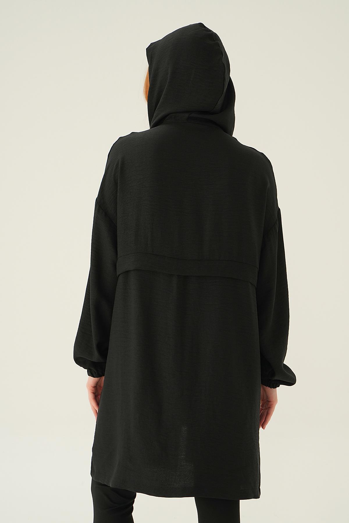 6686-1 Kapüşonlu Kısa Kap Siyah - 4