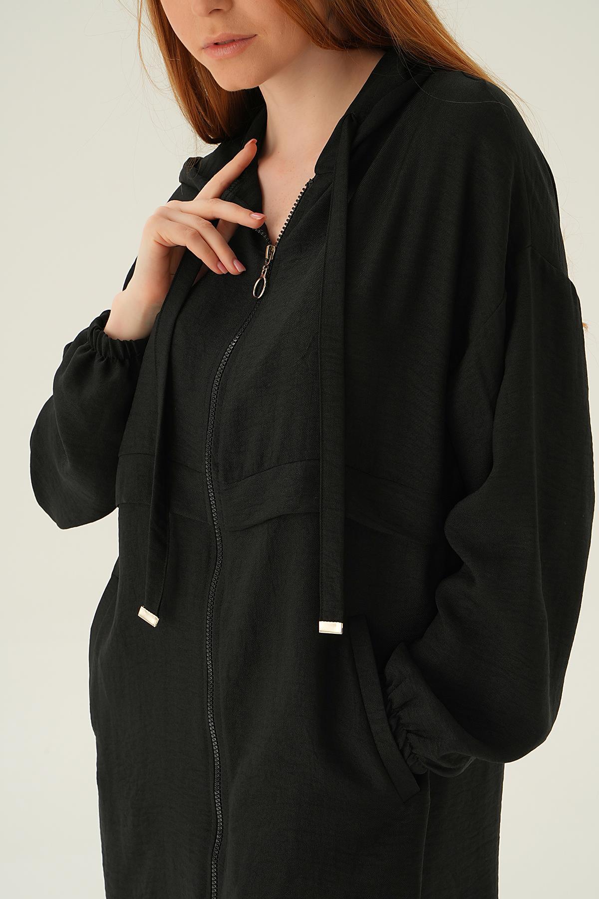 6686-1 Kapüşonlu Kısa Kap Siyah - 5