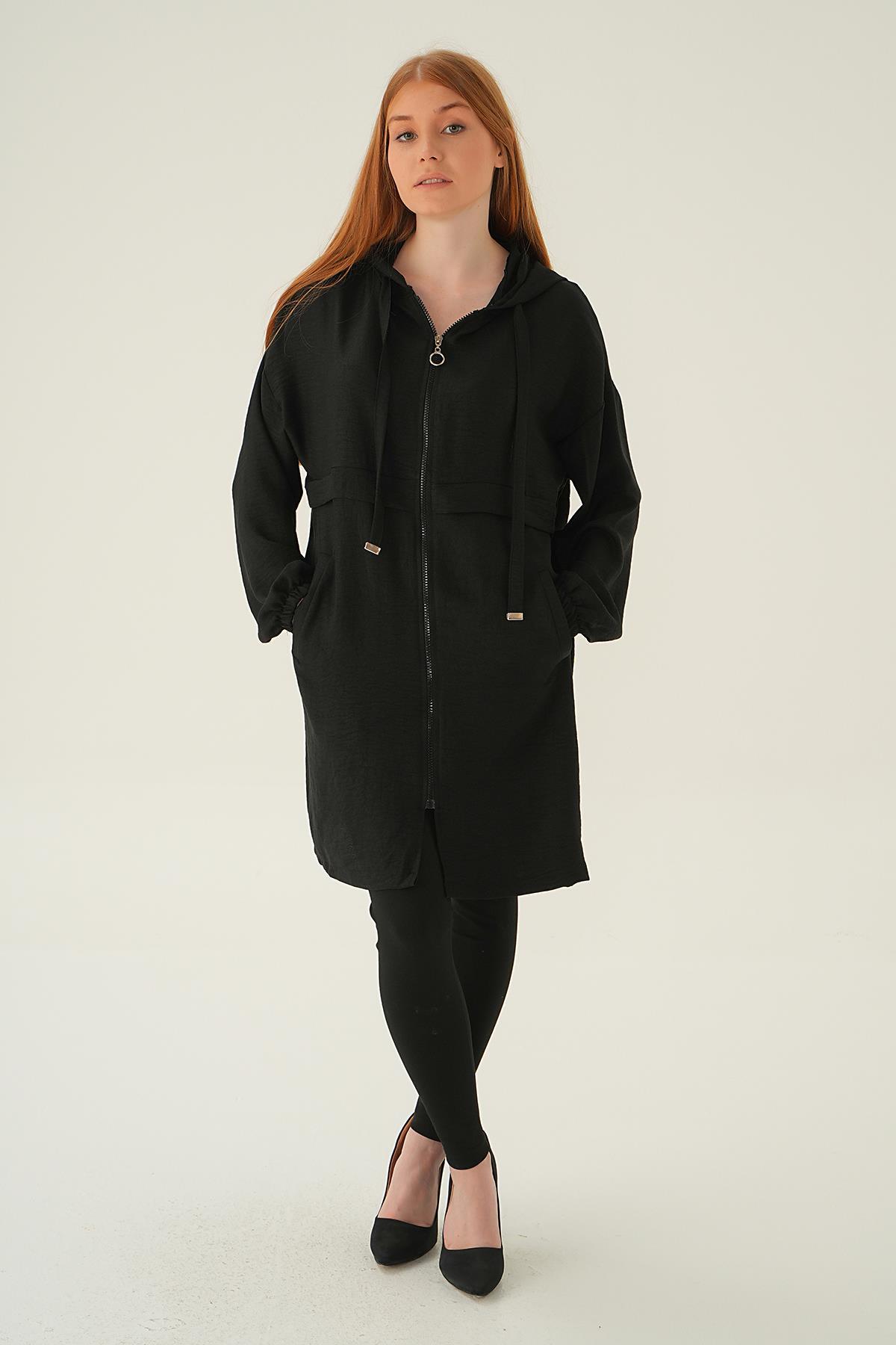 6686-1 Kapüşonlu Kısa Kap Siyah - 6