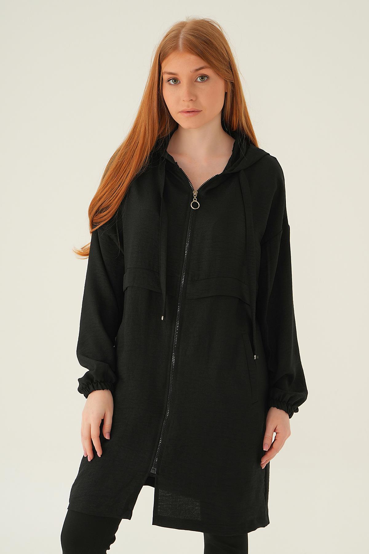 Siyah Kapüşonlu Kısa Kap 6686-1 - 1