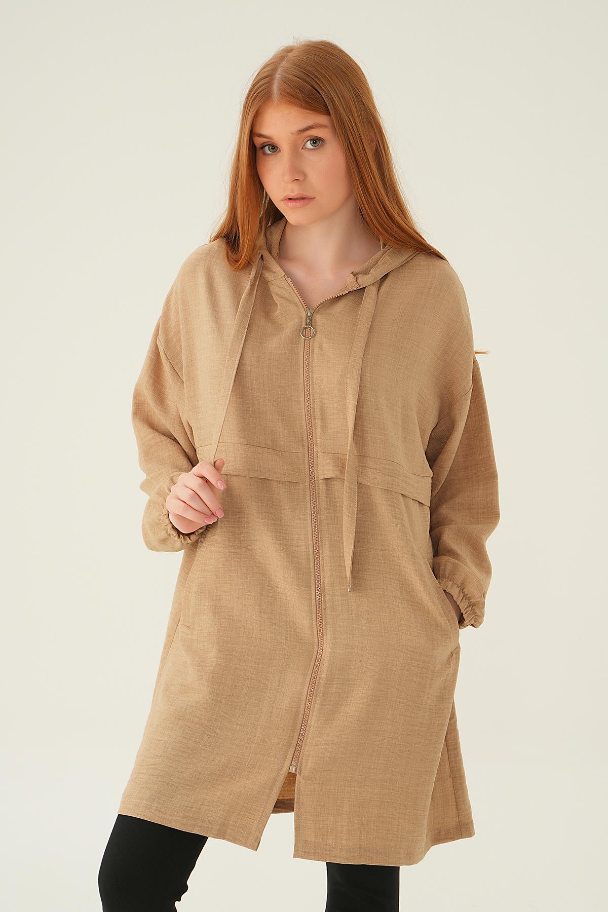 6686-1 Kapüşonlu Kısa Kap Vizon - 1