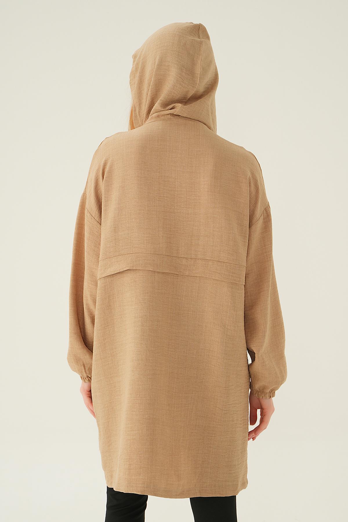 6686-1 Kapüşonlu Kısa Kap Vizon - 2