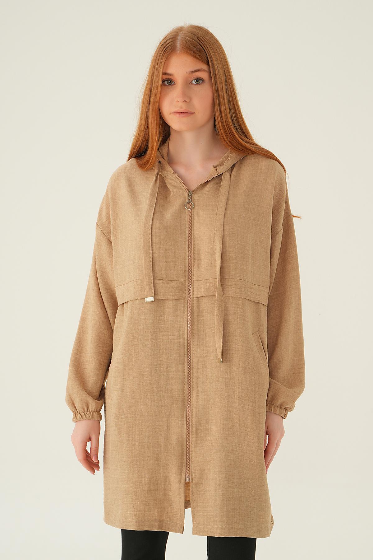 6686-1 Kapüşonlu Kısa Kap Vizon - 4