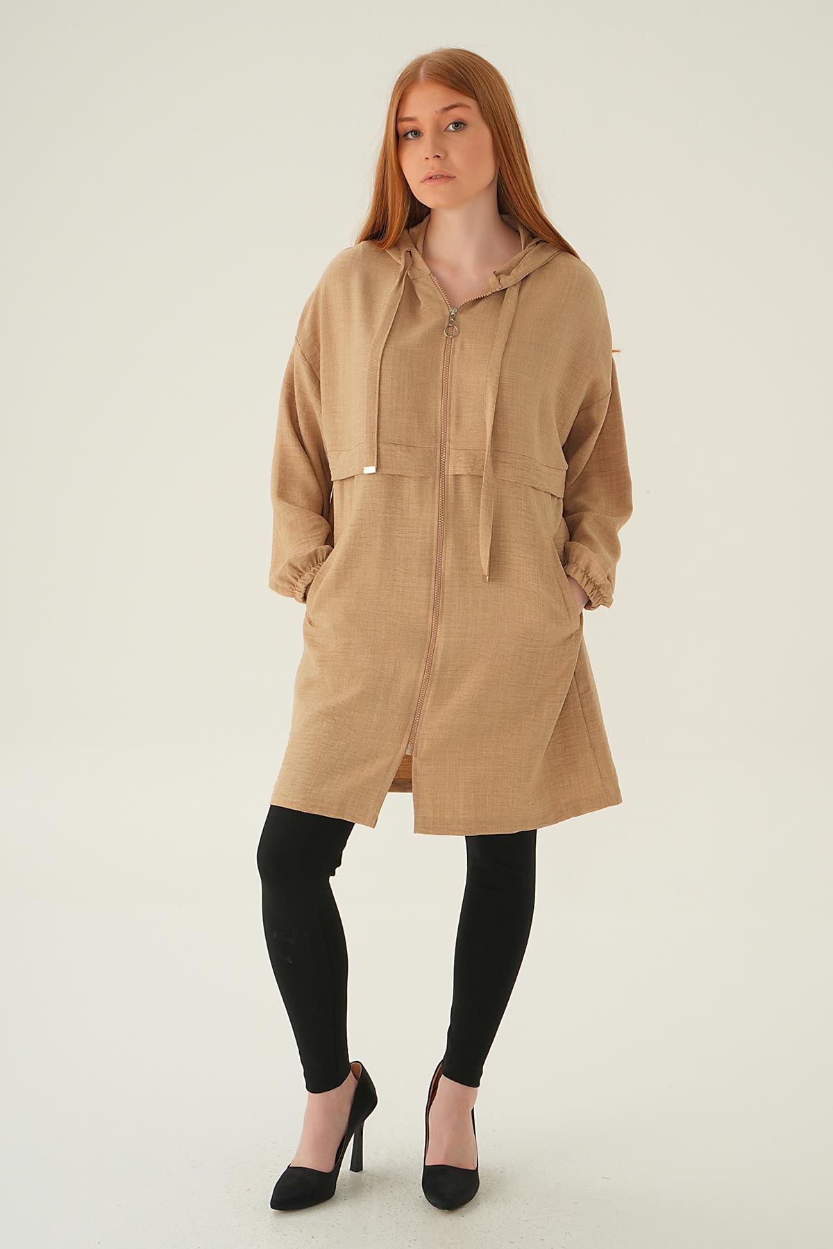 6686-1 Kapüşonlu Kısa Kap Vizon - 6