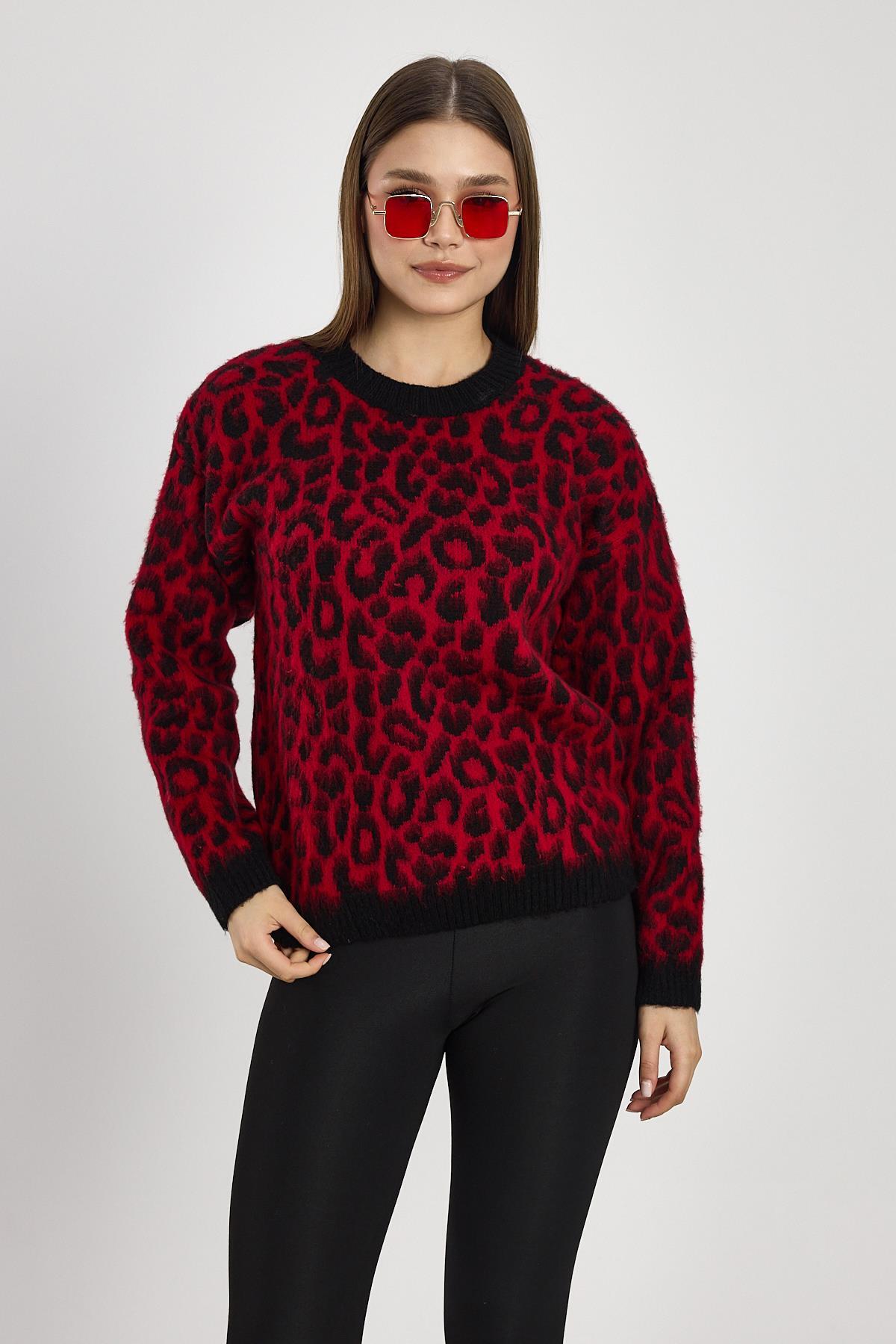 Kırmızı Leopar Desen Kazak 6702 