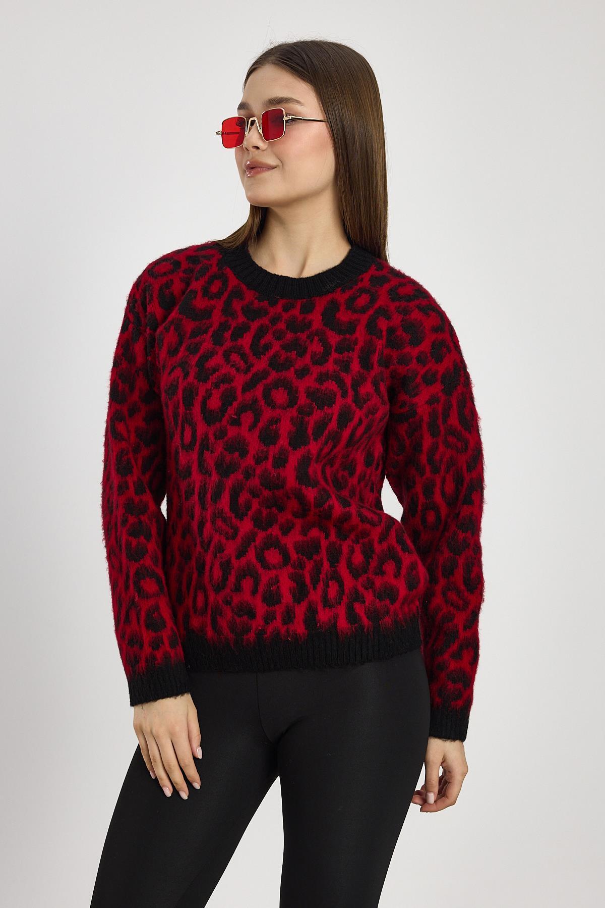 Kırmızı Leopar Desen Kazak 6702 - 3
