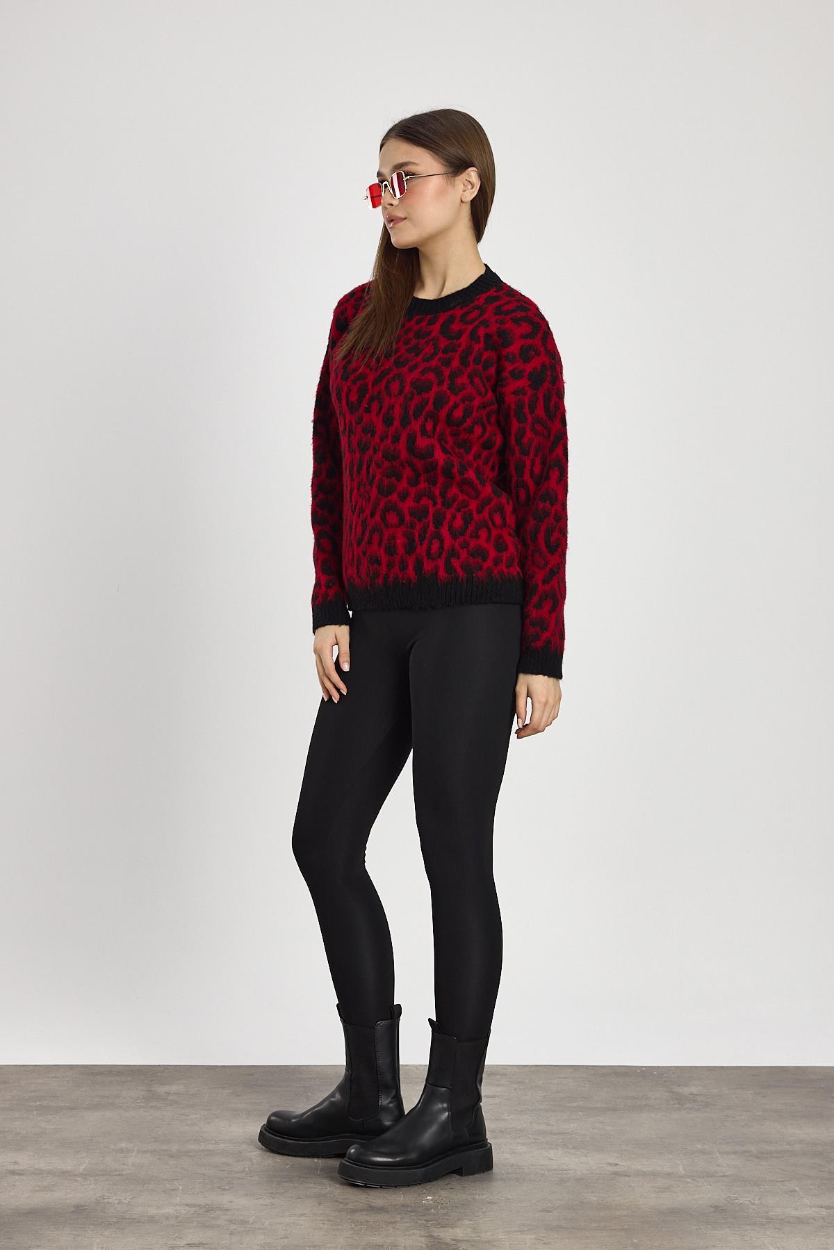 6702 Leopar Desen Kazak Kırmızı - 7