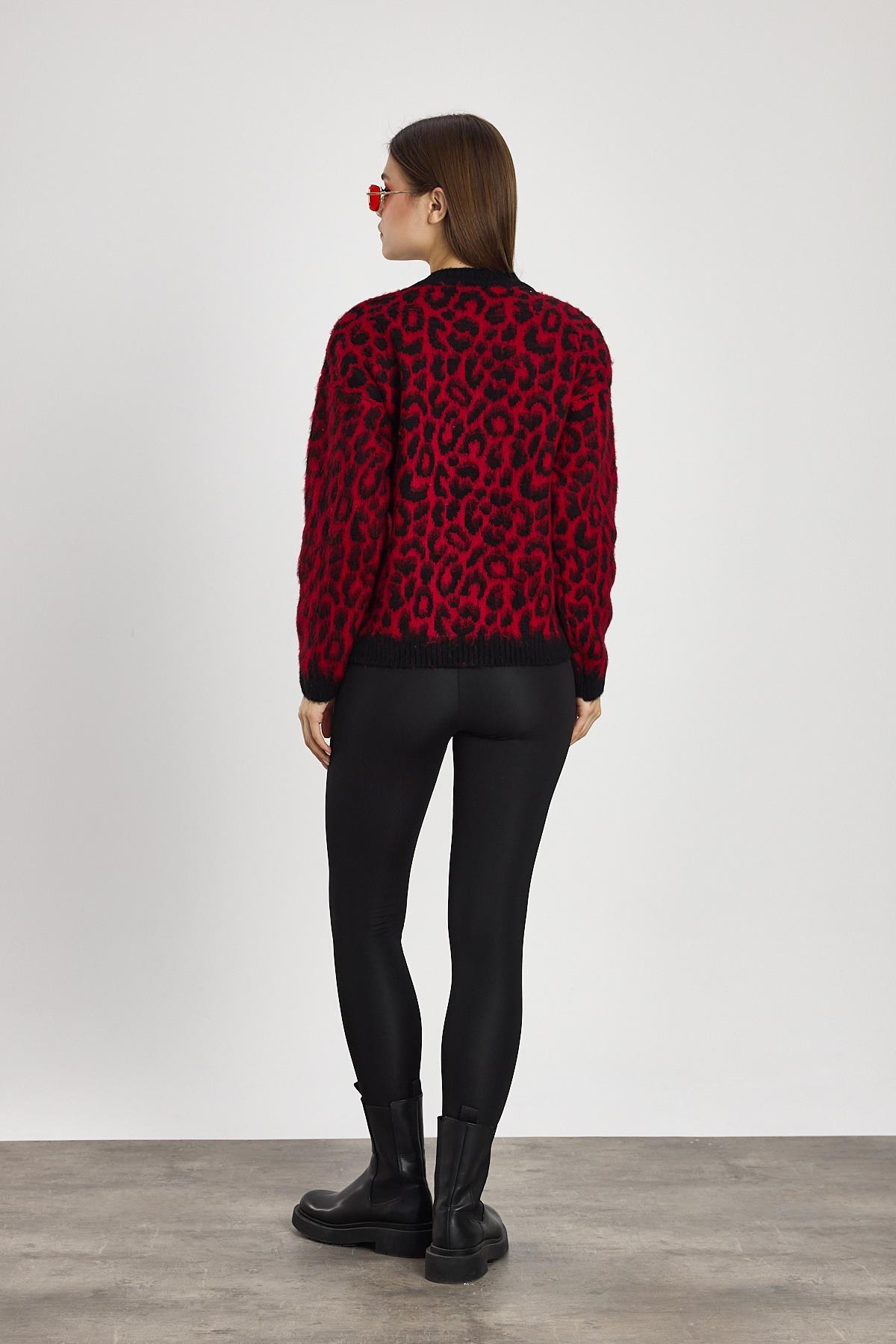 6702 Leopar Desen Kazak Kırmızı - 5