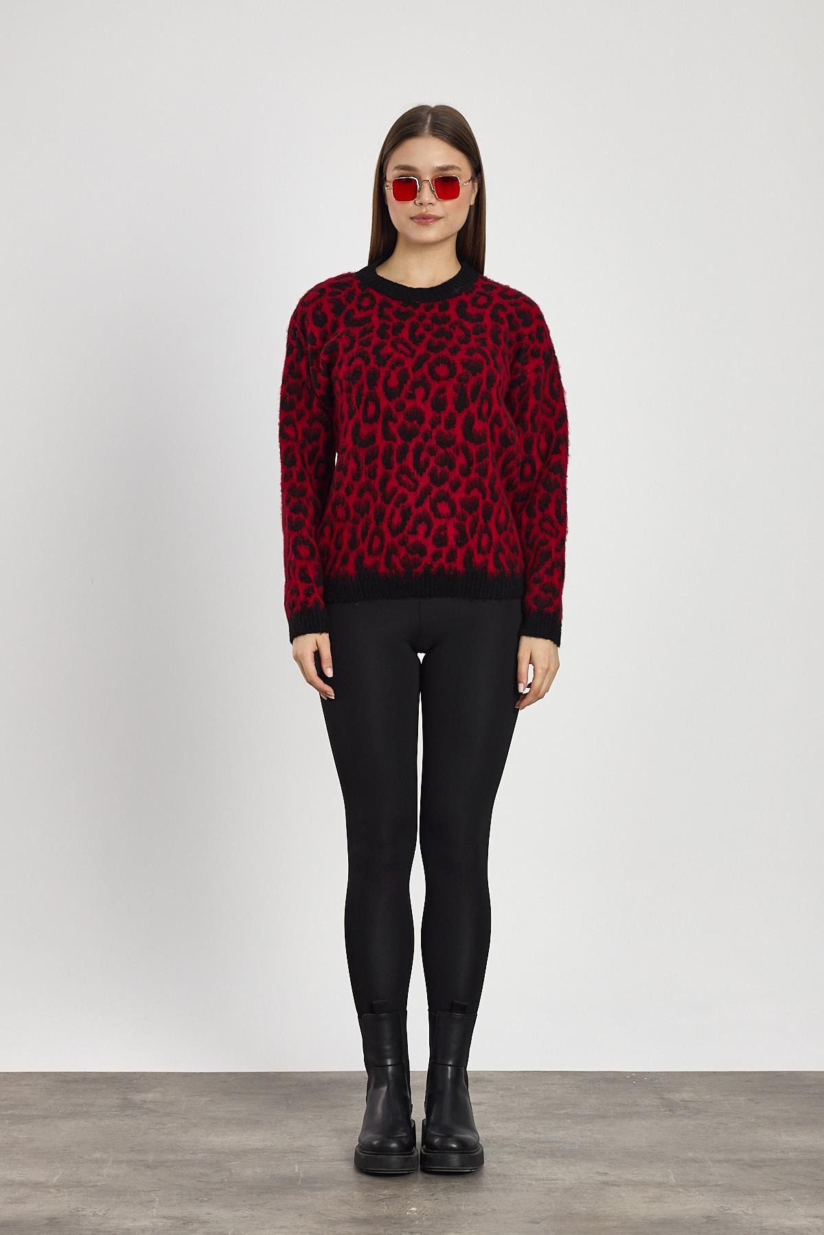 Kırmızı Leopar Desen Kazak 6702 - 2