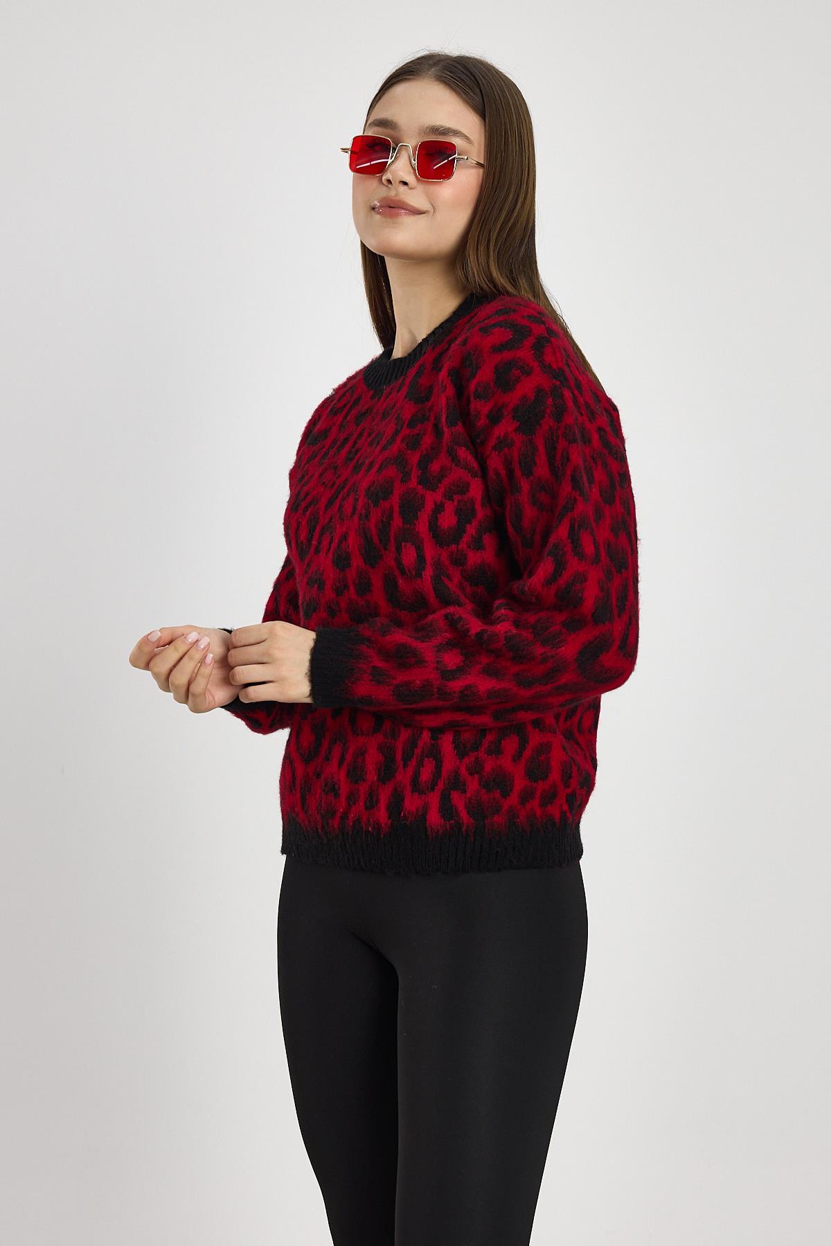 Kırmızı Leopar Desen Kazak 6702 - 6