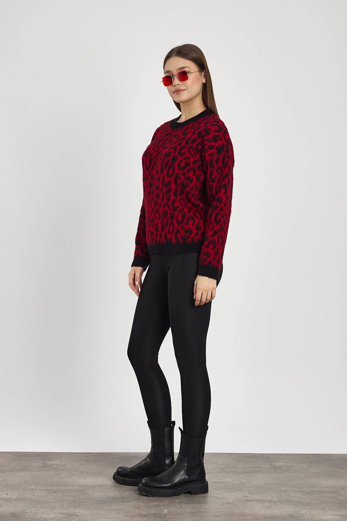 Kırmızı Leopar Desen Kazak 6702 - 8