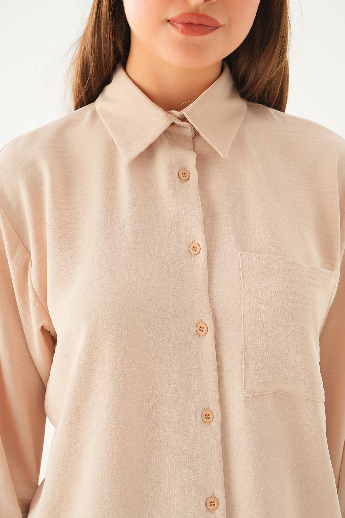 6714A Tek Cep Gömlek-Pantolon Takım Bej - 5