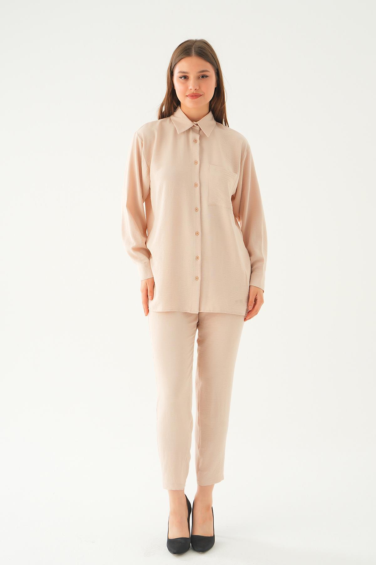 6714A Tek Cep Gömlek-Pantolon Takım Bej - 6